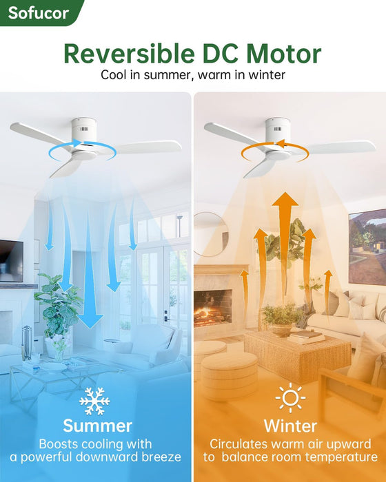 52 Inch Smart Ceiling Fan No Light, Flush Mount Low Profile