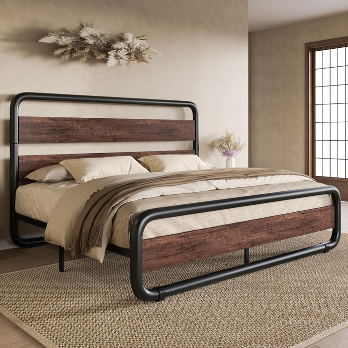 Full Size Metal Bed Frame with Wooden Headboard, Mahogany
