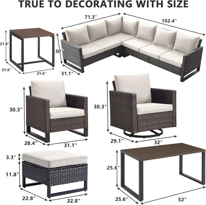 10 Piece Patio Furniture PE Wicker 6-Seater Outdoor Sectional Sofa with Dinning Table Patio Swivel Chairs Outdoor Chairs for Porch,Garden,Backyard,Deck(Brown/Beige)