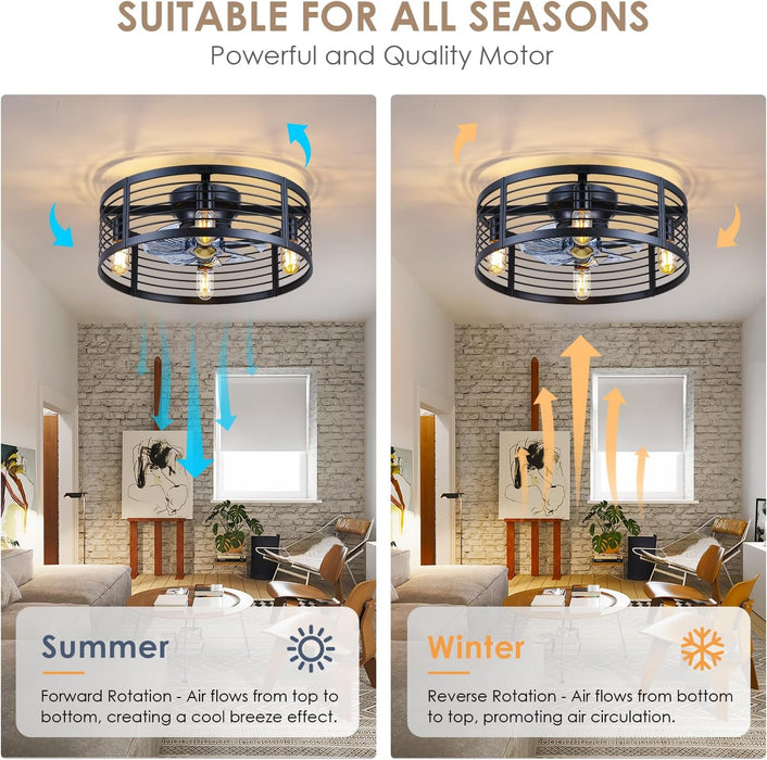 Caged Ceiling Fan with Light Flush Mount, 20 Inch Low Profile Black Fandelier with Remote, Bladeless Ceiling Fans with Lights for Bedroom Kitchen Dining Room (Bulb Not Included)