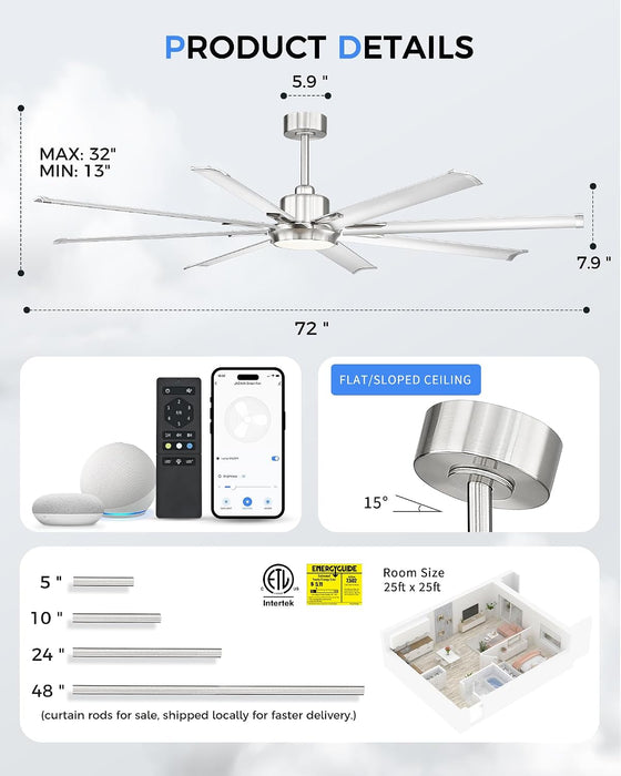 72 Inch Industrial Style Brushed Nickel Ceiling Fan