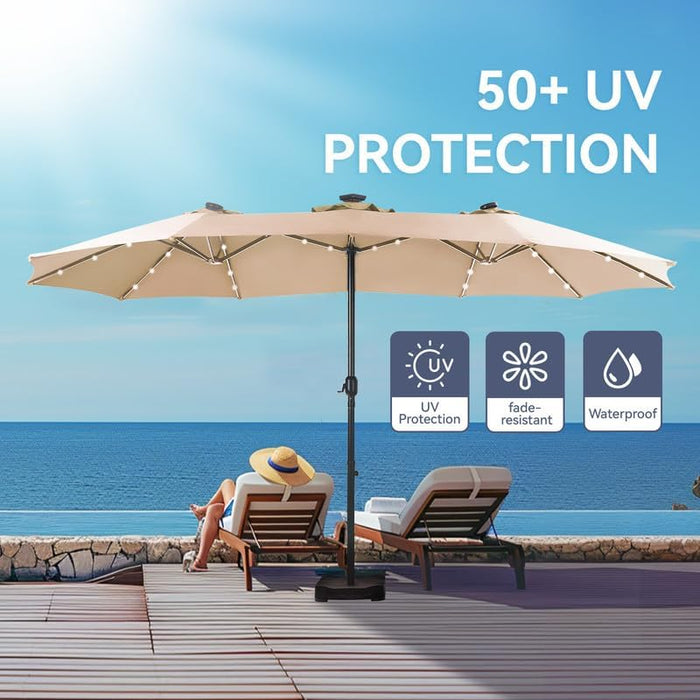 15 Ft Large Outdoor Patio Umbrella with Solar Led Lights & Base Included, Double-Sided Rectangular Table Umbrella with Stand, Market Umbrellas for Deck Poolside Garden Backyard, Beige