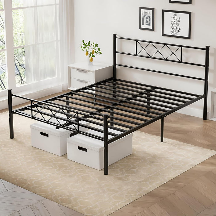 Full Size Bed Frame with Headboard, Heavy Duty Bedframe with Strong Metal Slats, No Box Spring Needed & Easy Assembly, Matte Black