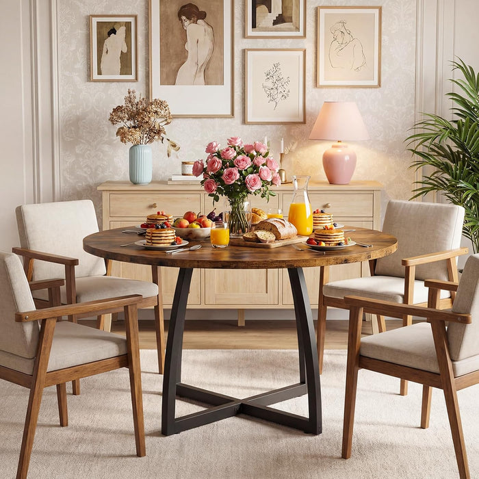 47.2-Inch round Dining Table for 4, Kitchen Dining Room Circle Dinner Pedestal Table, Farmhouse Kitchen Table with Retro Brown Tabletop, Curved Black Metal Legs, Easy Assembly TCZ13BFC1