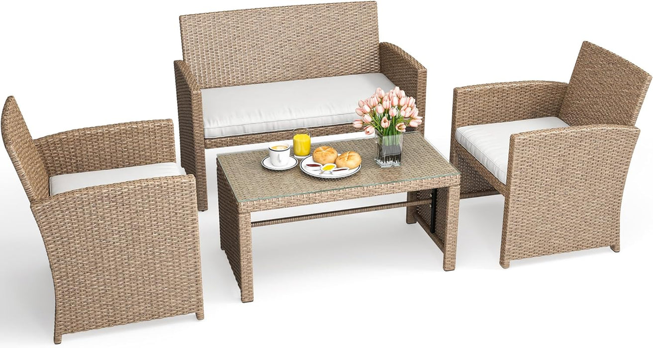 4-Piece Patio Bistro Set, All-Weather Outdoor Patio Furniture Rattan Wicker Loveseat Conversation Set with Glass Side Table and Soft Cushions, Light Brown+Beige