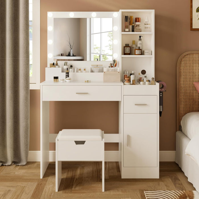 Vanity Desk with Mirror and Lights, 39.2"W X 15.5"D X 57.1"H White Makeup Vanity with Charging Station, Dressing Table with Storage Chair Set, 3 Lighting Modes Adjustable Brightness for Bedroom