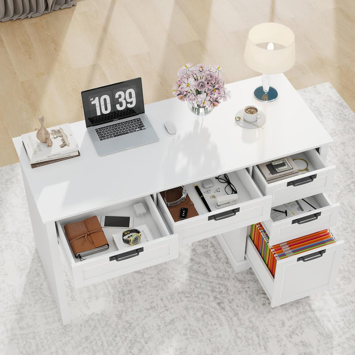 55" Farmhouse Home Office Desk with File Drawer, Executive Computer Desk with 4 Storage Drawers, Rustic Computer Desk for Working, Studying, Writing（White