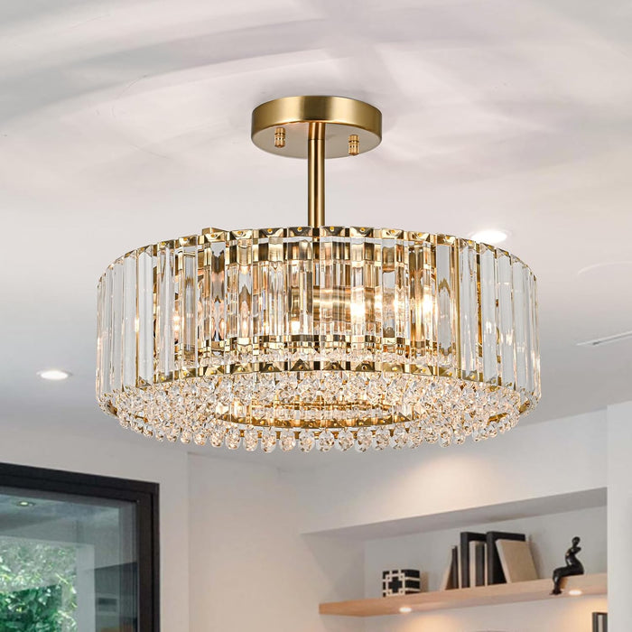 Gold Crystal Chandelier Semi Flush Mount Luminaire