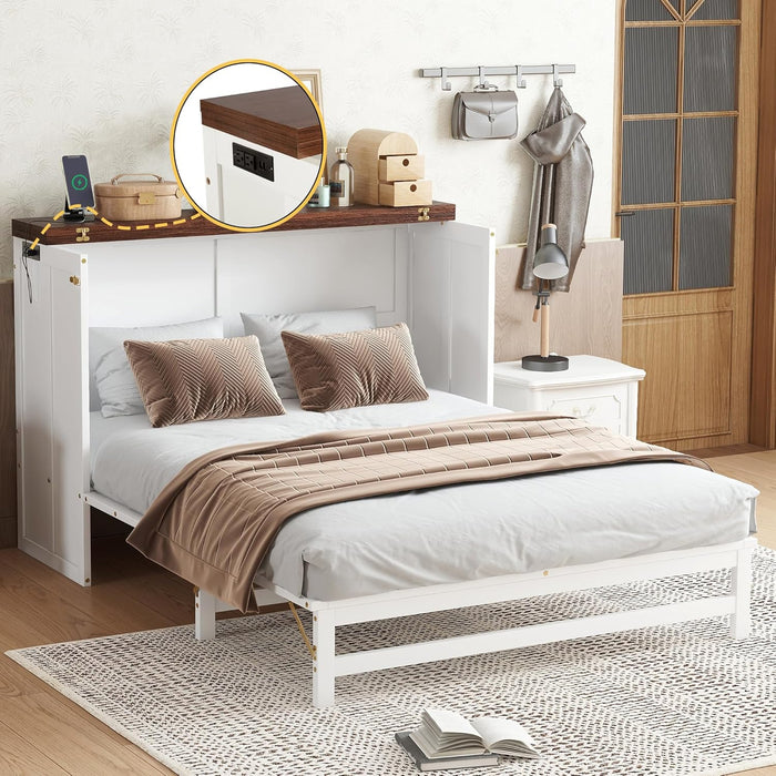 Full Size Murphy Bed W/Storage Drawer,Murphy Bed Cabinet W/ 2 USB Port & Power Outlets,Hidden Foldable Wall Bed Frame for Home Office,Apartment,Guest Room,White-Walnut