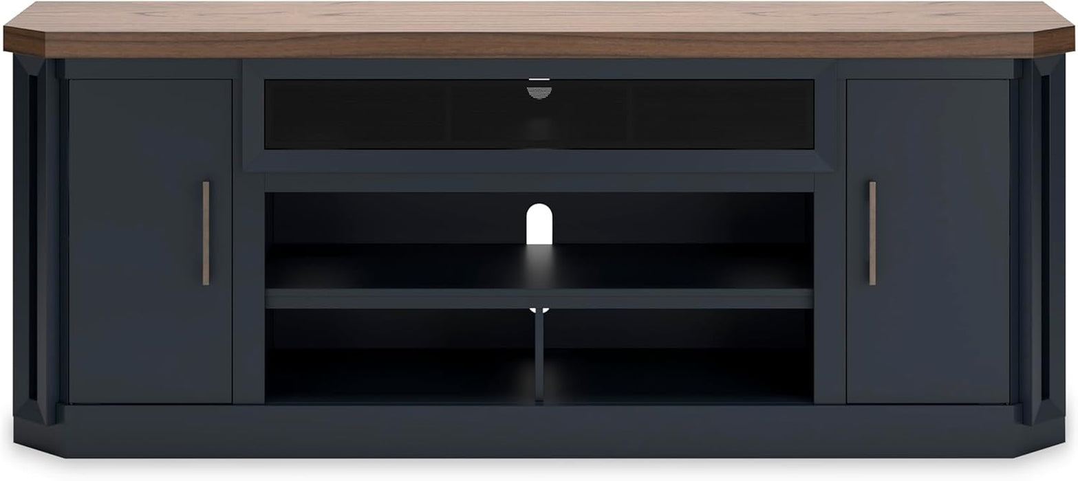 Landocken Contemporary 83" TV Stand for Tvs up to 95" with Fireplace Option, 2 Cabinets, 2 Doors, 2 Adjustable Shelves, Open Cubbies and Cord Openings, Dark Brown & Blue