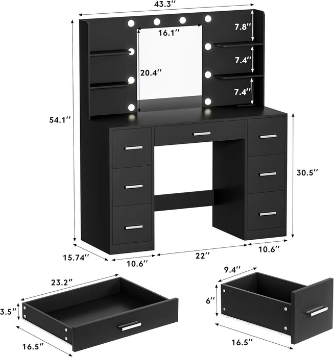 Vanity Desk with LED Lighted Mirror&Power Outlet, 3 Model Lights Makeup Vanity Table with 7 Drawers and 6 Storage Shelves