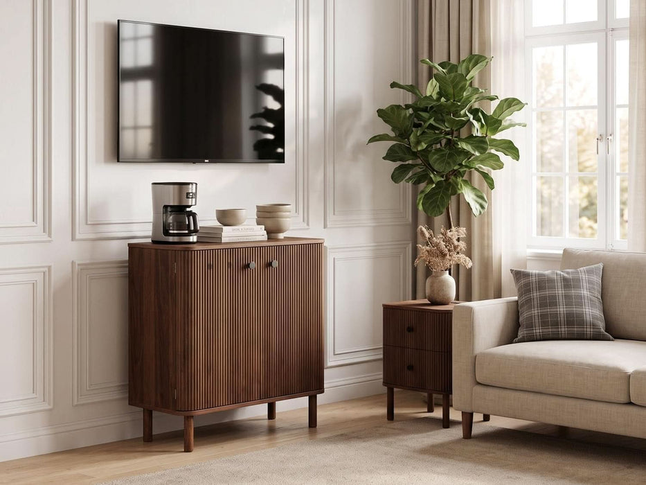 Fluted Sideboard Buffet Cabinet with Storage, 31'' Solid Wood Leg Walnut Wood Buffet with Adjustable Shelves, 210° Wide-Open Door, Rounded Credenza for Kitchen Living Room Entryway