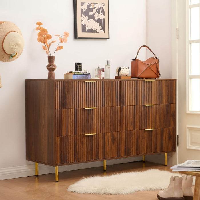 Dark Walnut Fluted 6 Drawers Dresser for Bedroom with Gold Handle