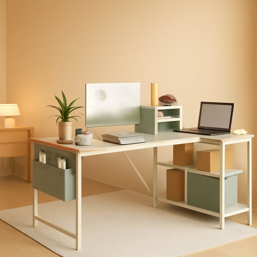 Small Computer Desk with Power Outlets, 40 Inch L Shaped Desk with Reversible Shelves, Gaming Desk Corner Desk Study Writing Table for Home Office Bedroom Living Room, Beige