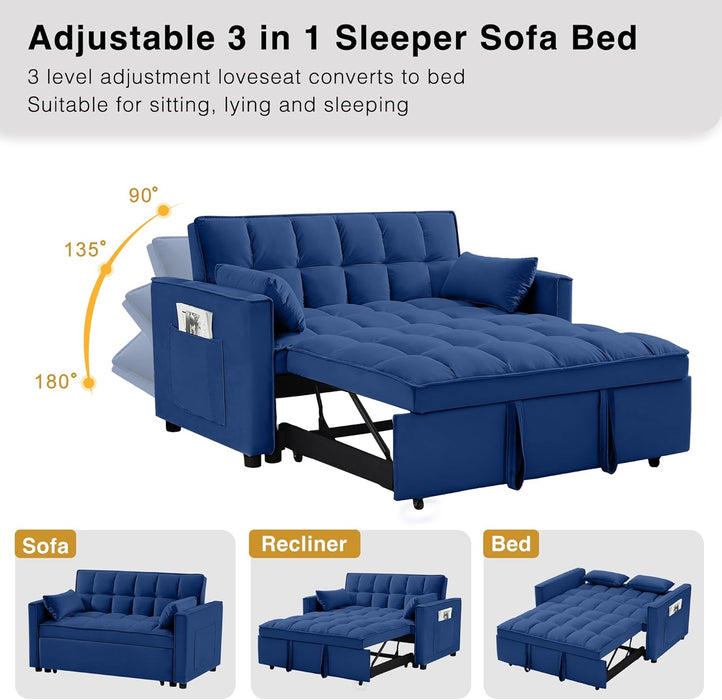 3 in 1 Convertible Sleeper Sofa Bed, Futon Couches for Living Room with Side Pocket | Adjustable Backrest| Velvet Fabric | Pull Out Couch | Recliner Loveseat | Sectional Sofa, Blue