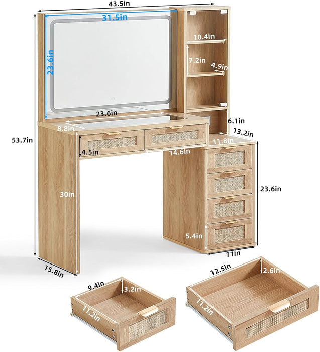 Rattan Vanity Desk with Mirror and Lights, 43.5'' Boho Makeup Vanity with 6 Drawers and Adjustable Shelves, Natural Wood Make up Vanity Dressing Table with Glass Top, Power Outlet for Bedroom