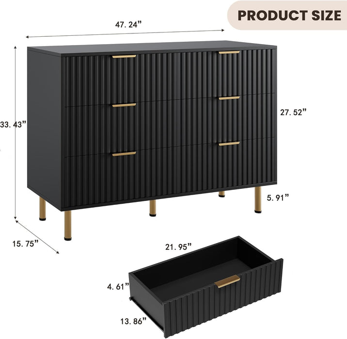 47.2" Fluted Black 6 Drawer Dresser for Bedroom with Deep Drawer