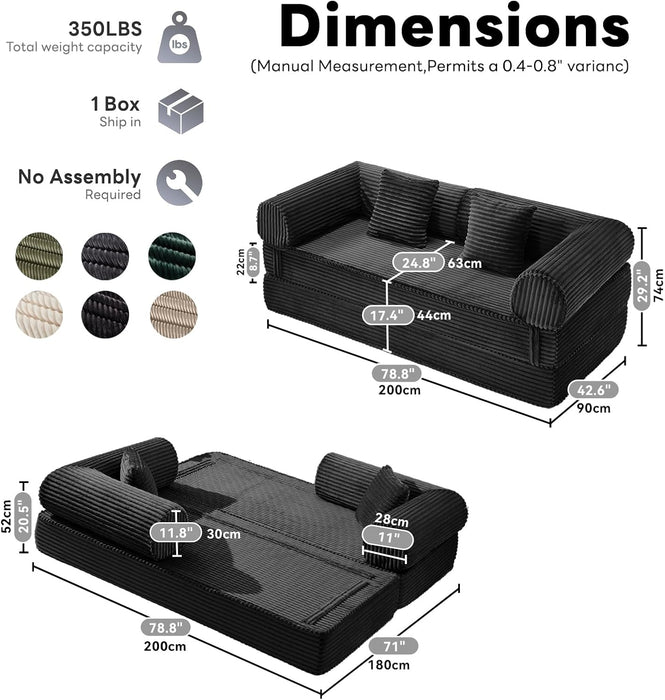 79Inch Convertible Sofa Bed Black Luxurious Comfort