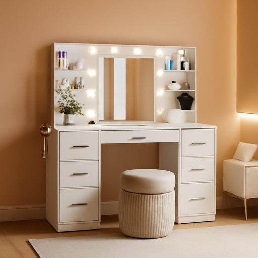 Vanity Desk with Mirror, Power Outlet and 10 Lights, Makeup Table with 7 Drawers, 3 Color Modes Available for Bedroom, Light White