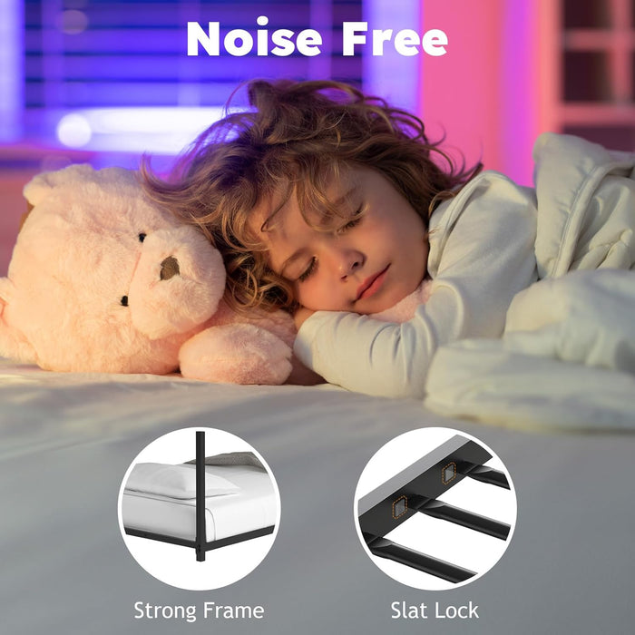 Twin over Twin Bunk Bed, Metal Low Profile Bunkbeds with Full-Length Guardrail and Ladder, Space Saving, No Boxing Spring Needed, Black