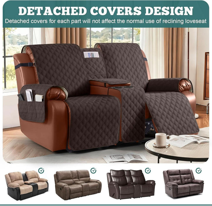 Waterproof Loveseat Recliner Cover with Console Non-Slip Reclining Couch Covers Split Sofa Slipcovers with Elastic Straps for Kids, Dogs, Pets (Chocolate, 2 Seater)