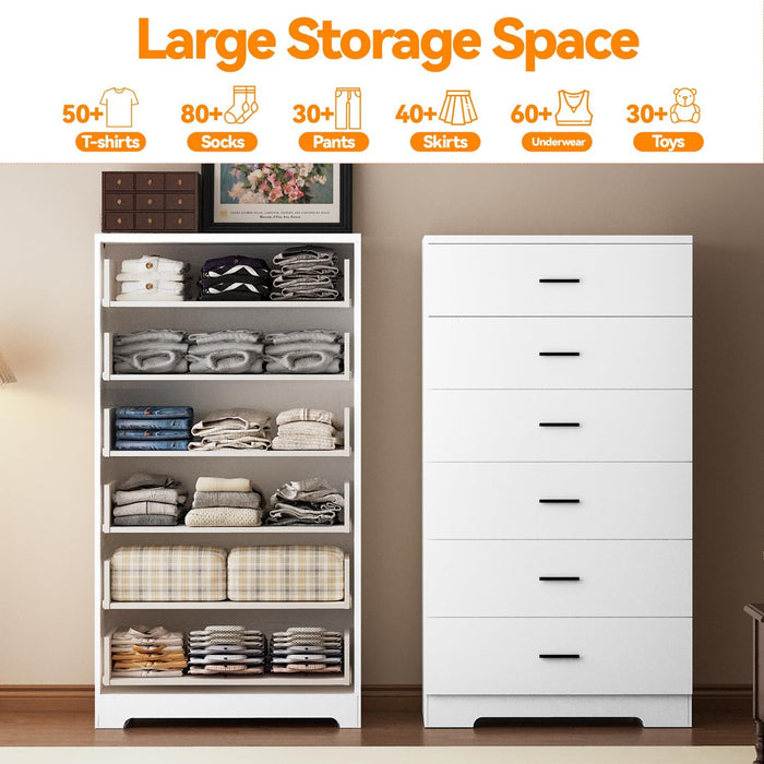 48" Tall Dresser for Bedroom Chest of Drawers with Power Outlets Wood 6 Drawers Dresser with Large Storage Space and Metal Handles Modern Closet Storage Drawer for Living Room Hallway White
