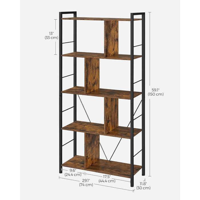 Bookshelf, 5-Tier Bookcase, Storage Shelving Unit, Display Shelf with Open Compartments for Living Room, Home Office, Bedroom, Industrial, Rustic Brown and Black ULBC121B01