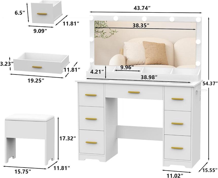 Vanity Desk with Stool for Women Designed for Bedrooms or Apartments, Featuring a Lighted LED Mirror, Built-In Power Outlet,Organized Storage for Daily Beauty Routines,White