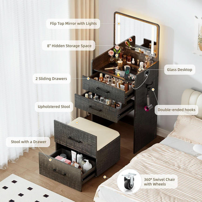 3 in 1 Vanity Desk with Flip Top Mirror and Lights,Glass Top Compact Vanity with 3Drawers &Rolling Stool, Modern Small Makeup Vanity Table W/Charging Station,Bedroom,Rustic Oak