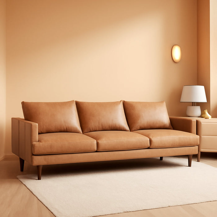 Girona Leather Couch – 88-Inch Leather Sofa with Tufted Back - Full Grain Leather Couch with Feather-Down Topper on Seating Surfaces – Pure-Aniline Italian Leather – Cognac Tan