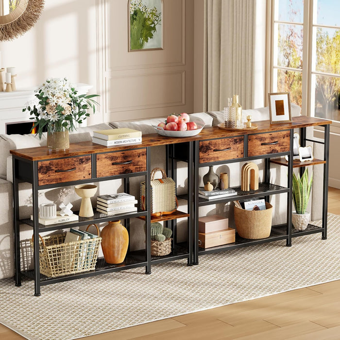 44'' Entryway Table, Industrial Console Sofa Table with Metal Mesh Storage Shelves, Shoe Rack Display Shelf for Front Door, Couch, Kitchen, Fabric Drawers, Rustic Brown