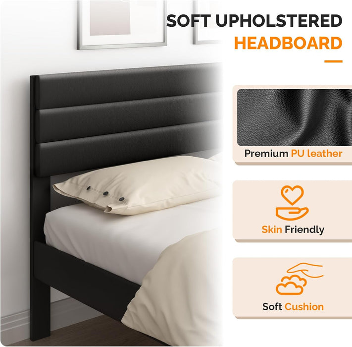 Full Upholstered Bed Frame, Adjustable Headboard, PU Leather Black