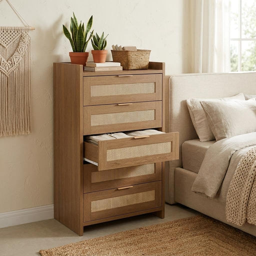 Boho Rattan Dresser 5 Drawers,46 Inch Tall Chest of Drawers for Bedroom Nursery Living Room, Modern Dresser Storage Cabinet for Nursery Living Room, Bedroom and Entryway Dark Oak