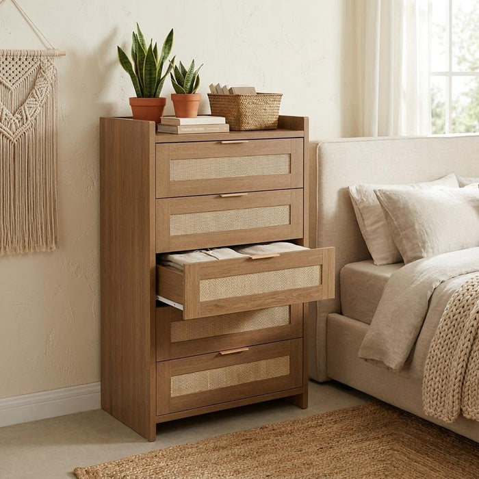 Boho Rattan Dresser 5 Drawers,46 Inch Tall Chest of Drawers for Bedroom Nursery Living Room, Modern Dresser Storage Cabinet for Nursery Living Room, Bedroom and Entryway Dark Oak