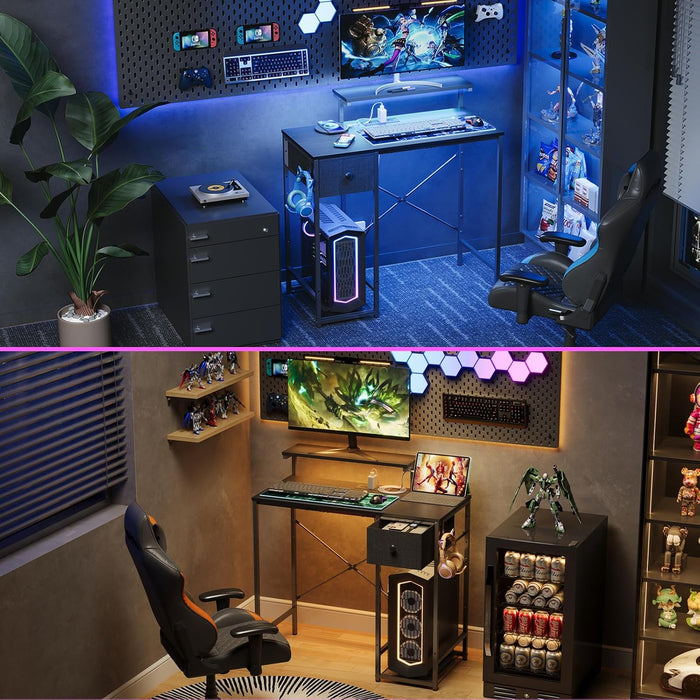 33.5" Small Gaming Desk with LED Lights & Power Outlets, Compact Computer Desk with Monitor Stand & CPU Stand, Gamer Table with Storage Drawer, Side Hooks for Home Office, Bedroom, Black
