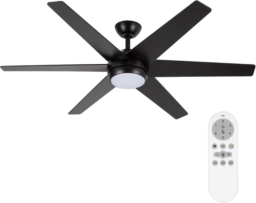 54 Inch Indoor Modern Quiet Reversible Motor Ceiling Fan with LED Lights and Remote Control, 6 Blades, 6 Speed, Dimmable, 3CCT, Black