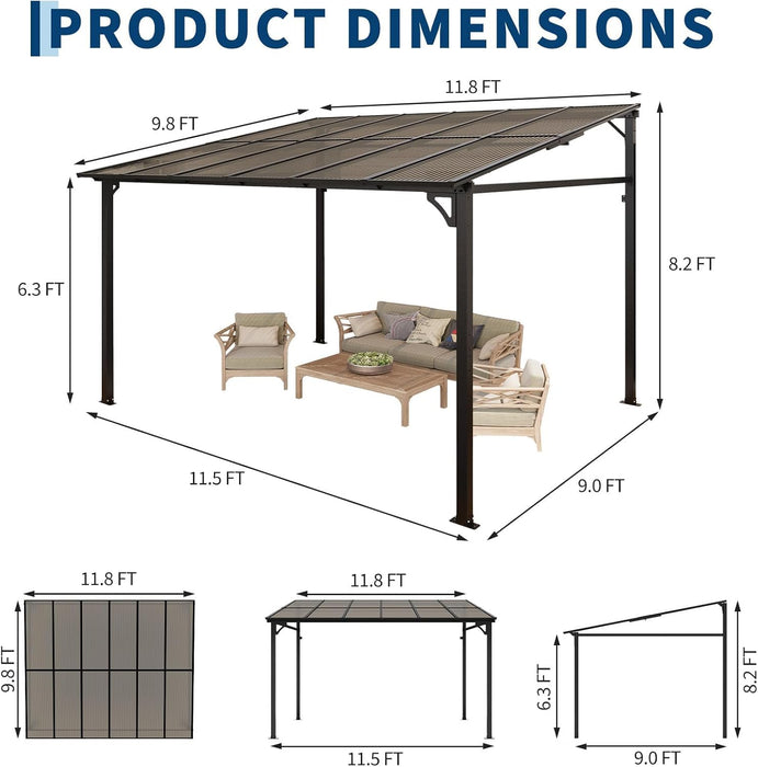 10X12Ft Lean to Gazebo with Polycarbonate Hardtop Roof - Hardtop Wall Pergola, Aluminum Frame Wall Mounted Gazebo for Patio, Deck, Yard, Garden & Party Shade