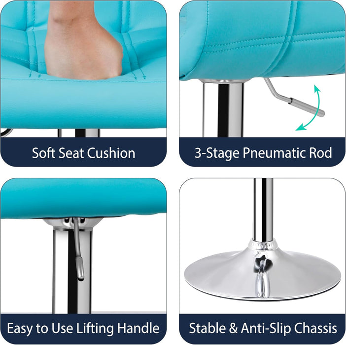 Set of 4 Adjustable Swivel Barstools, Modern PU Leather Kitchen Counter Bar Stools, Square Back Bar Stool (Blue)