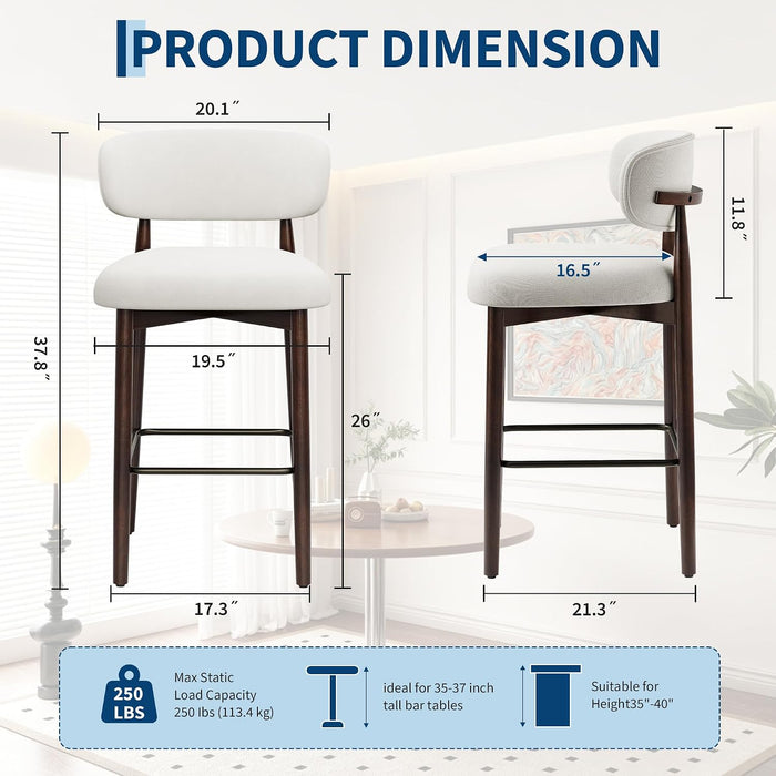 26″ Bar Stools Set of 4, Counter Height Bar Stools with Wood Legs, Upholstered Modern Kitchen Barstools with Back, Linen Fabric, Metal Footrest, for Kitchen Island Dining Room Bar, Beige