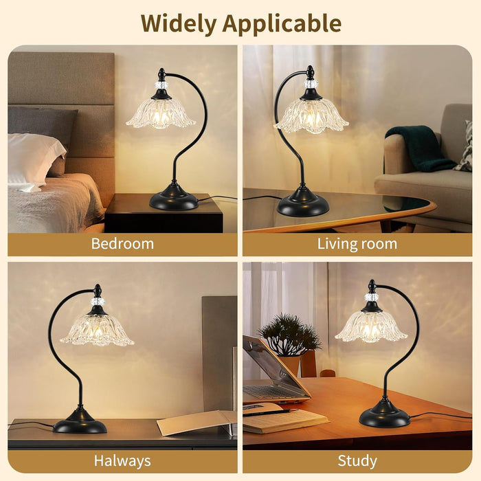 Table Lamp for Bedroom,Crystal Glass beside Lamp,Plug in Dimmable Black Lamp Flower Nightstand Lamp for Living Room, Office, Desk, Home Decor