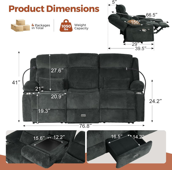 3 Seater Recliner Sofa, Manual Reclining Couch with Flip Middle Backrest, Phone Holder, Side Pocket, Drawer, Power Outlet, Reclining Sleeper for Living Room, Home Theater & RV (Textile - Gray)
