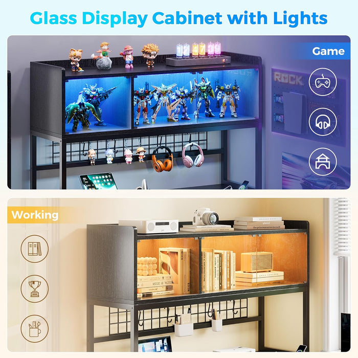 L Shaped Gaming Desk with Fabric Drawers and Power Outlet, Corner Computer Desk with Led-Lit Tempered Glass Display Cabinet, L Shaped Office Desk with Storage,Pc Desk for Gaming and Home Office, Black