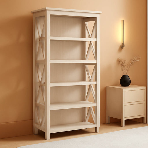 Bush Furniture Tall 5 Shelf Bookcase for Living Room or Home Office, Large Bookshelf, Modern Farmhouse Style, Key West Collection, Linen White Oak