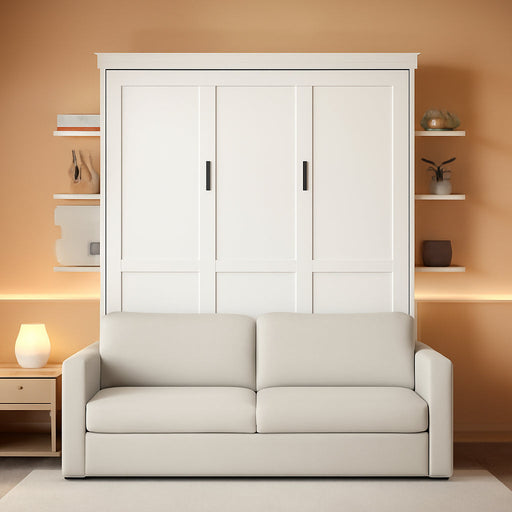 Queen Murphy Bed with Couch and Storage Shelves,Wood Fold up Murphy Bed Cabinet with Storage Shelves and Sofa,White