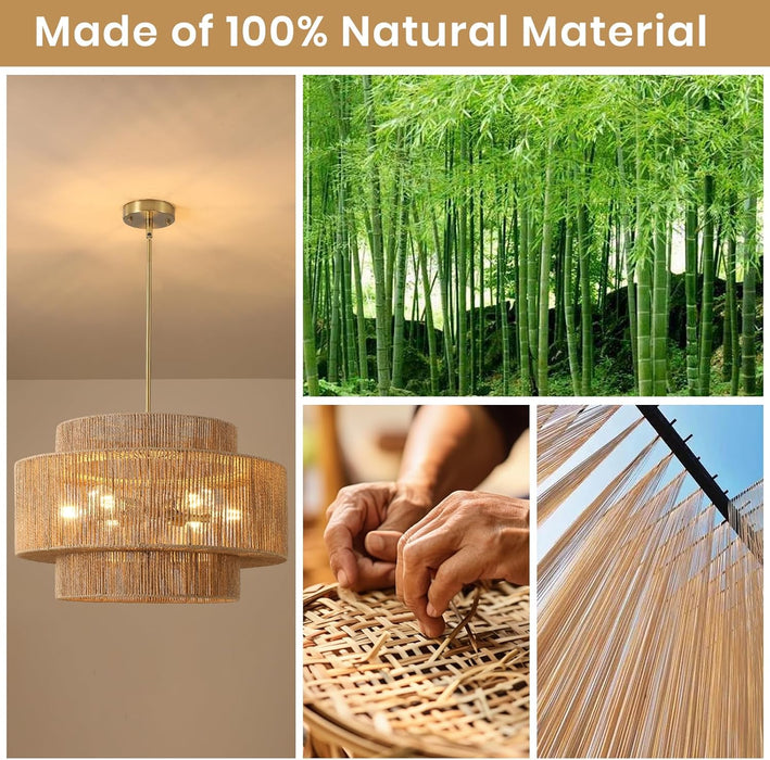 24"Large Boho Rattan Farmhouse Chandeliers for Dining Room,6-Light Hand Woven Pendant Light Fixture, 3-Tier Rustic Wicker Chandeliers for Living Room, Kitchen Island, Entryway,Hallway, Foyer