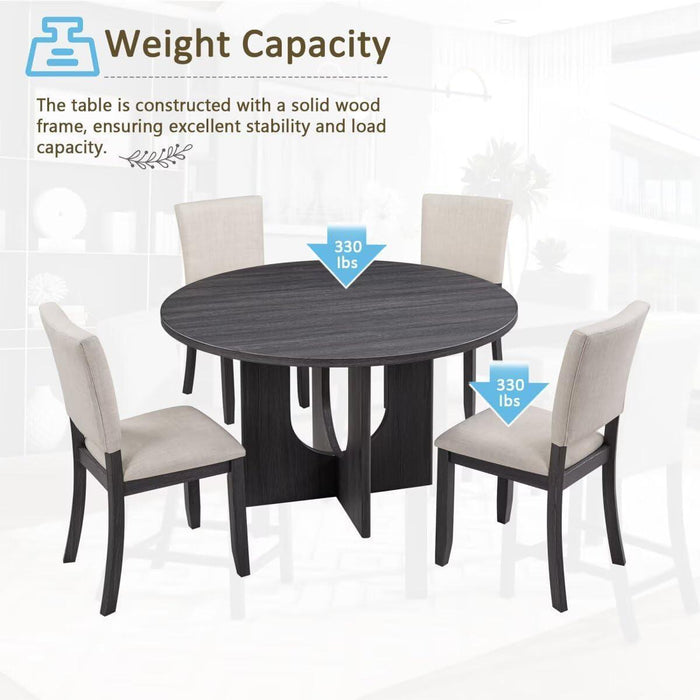 47.3" round Dining Set with 4 Upholstered Dining Chairs, Modern Dining Table Set for 4, 5-Piece round Dining Table Set for Living Room, Kitchen, Antique Black & Beige