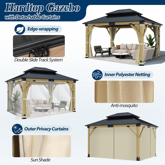 11FT X 13FT Outdoor Wood Gazebo - Patio Wooden Gazebo with Galvanized Steel Hardtop, Heavy-Duty Double Roof Gazebos with Netting & Curtains for Garden, Poolside, Deck, Backyard