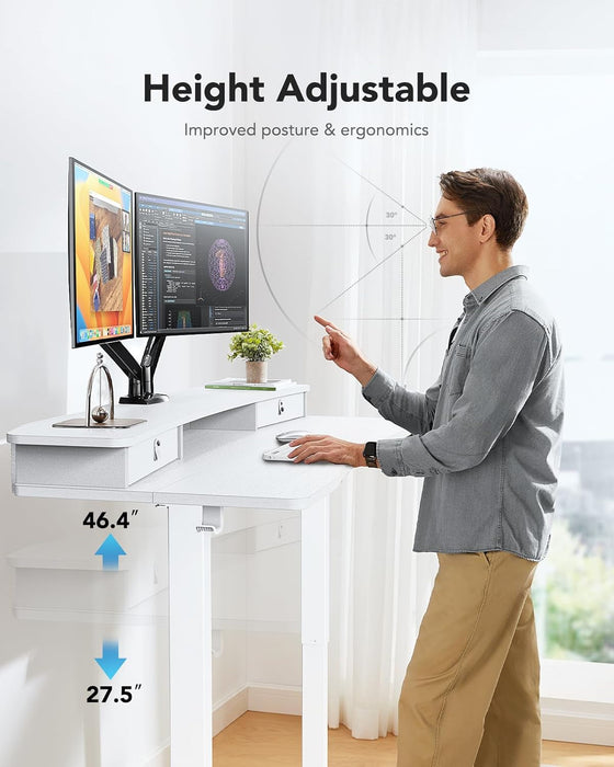 48″ X 24″ Electric Standing Desk with 2 Drawers, C-Clamp Mount Compatible, Height Adjustable Computer Desk, Home Office Stand up Desk with 4 Preset Heights & 2 Hooks, White