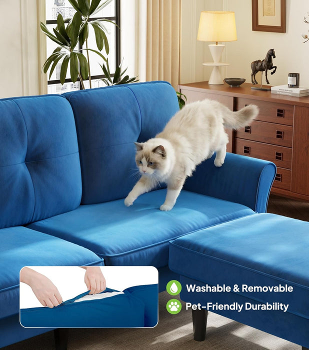 Velvet 83 Inch Sectional Sofa With Movable Ottoman