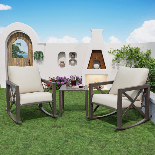 Rocking Bistro Set, 3 Piece Outdoor Patio Furniture Set with 2 Rockers and 1 Metal Coffee Table, Rattan Conversation Sets with Thick Cushions for Backyard, Porch, Poolside (Khaki)